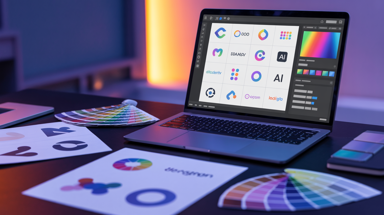 AI Logo Maker workspace showing colorful logo designs on a modern laptop